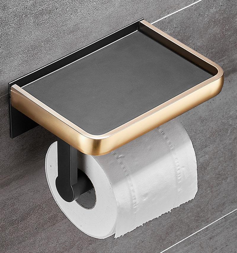 Black/White Aluminum Bathroom Paper Towel Holder Black Gold Toilet Roll Holder Mobile Phone Holder Toilet Paper Storage Rack