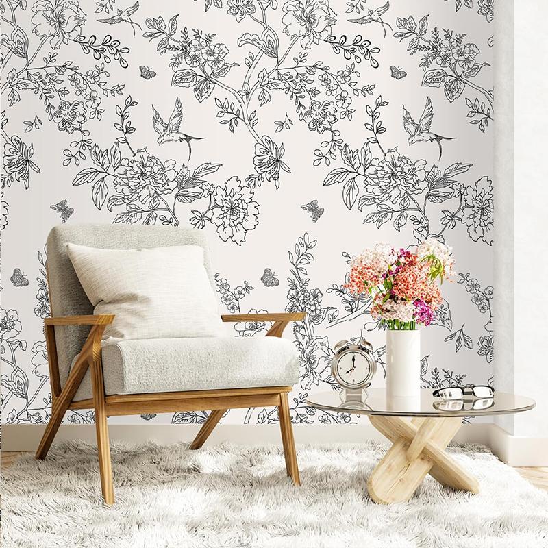 Black and White Flower Peeling Wallpaper Flower Detachable Self-adhesive Contact Wallpaper Flower Bird Wall Decoration Wallpaper