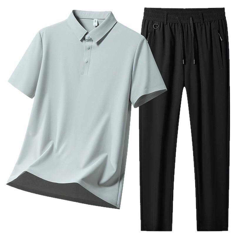 Men's Summer Quick-Dry Ice Silk Running Suit: Polo Shirt & Shorts for Middle-Aged and Elderly