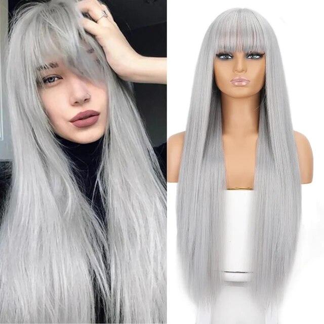 Oranžové syntetické paruky Dlouhé rovné paruky s ofinou pro ženy Růžově červená Cosplay Party Denně používejte přírodní vlasy