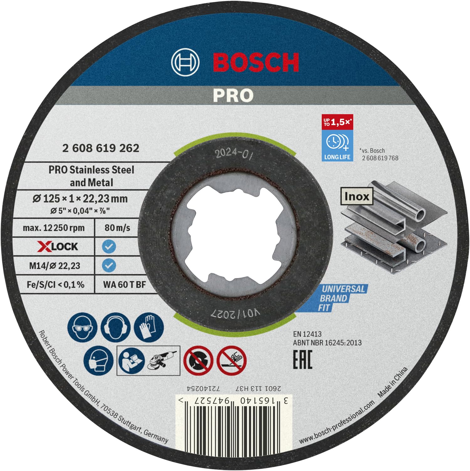 

Bosch Cutting Wheel Stainless 25 2608619262 X-LOCK 125x1.0 Steel, Pieces,