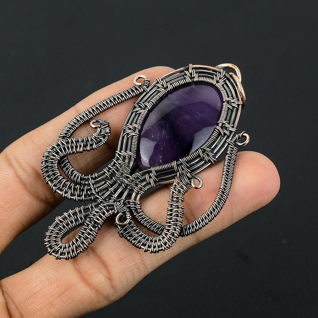 Amethyst Pendant Gemstone Jewelry, 999 Copper Wire Wrapped Pendant, Gift For Women Handmade Pendant