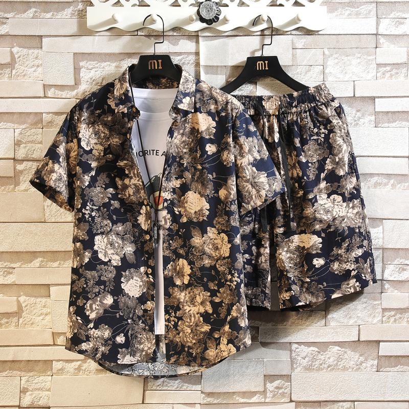 2026 Men's Cotton Beach Vacation Set, Shirt with Matching Drawstring Shorts, 11 Print Options Stylish Summer Suits, Asian Size