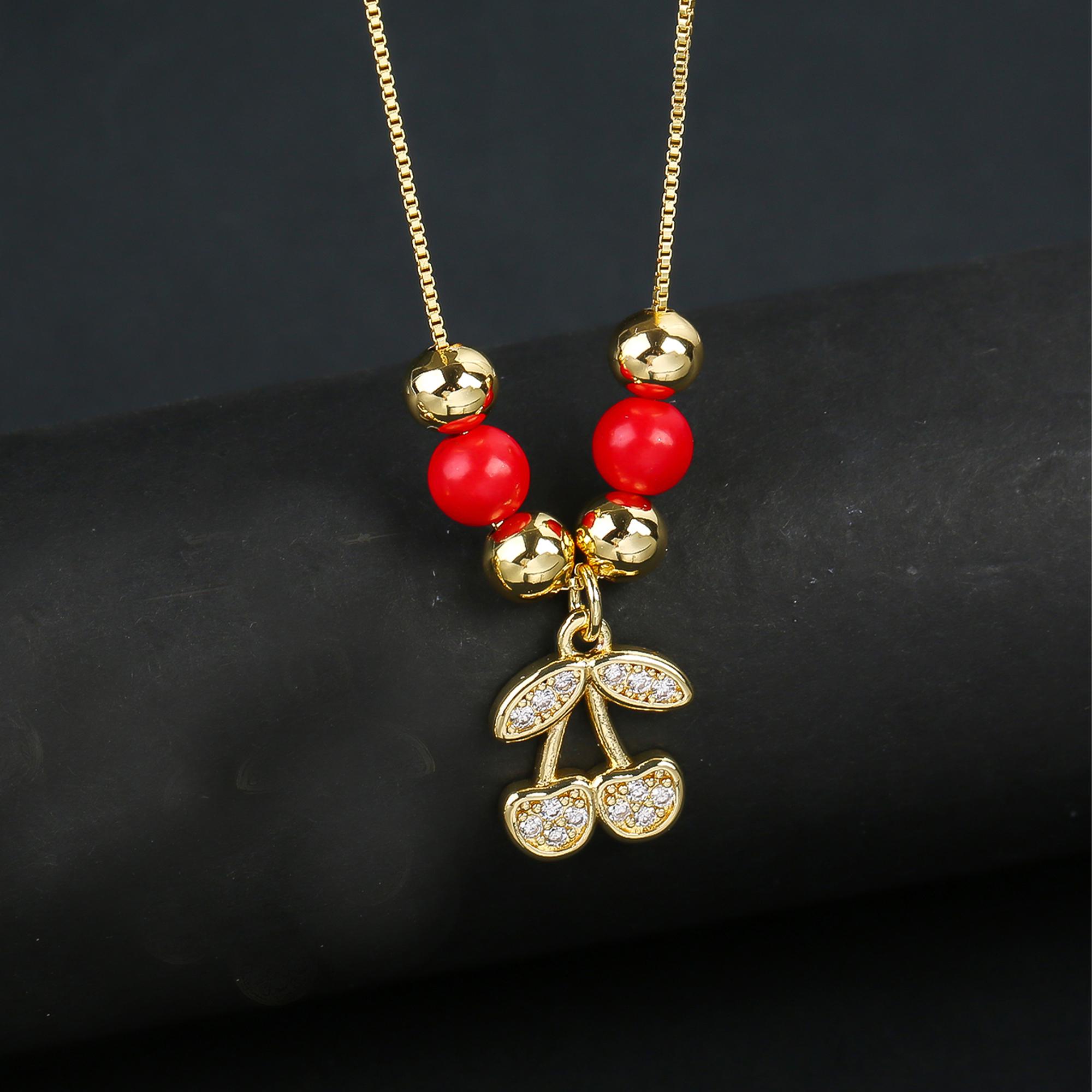 

Hot Sale Crystal Red Cherry Pendant Necklace For Woman Gold Plated Fruit Collarbone Chain Fashion Daily Party Zircon Gift