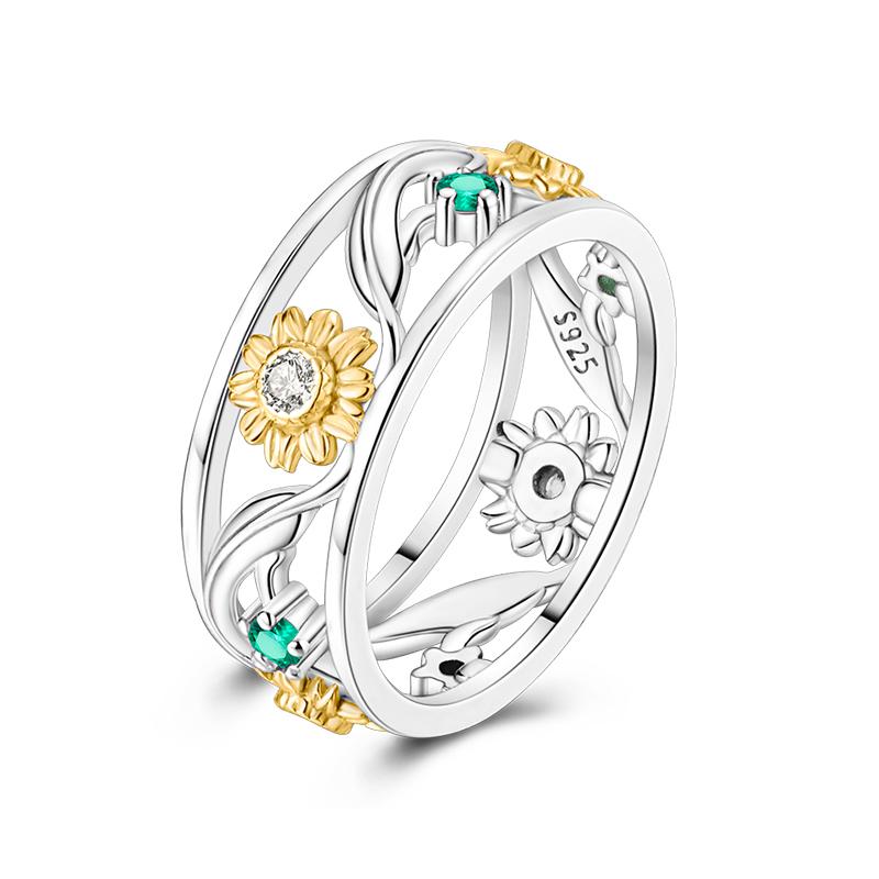 New 100% 925 Silver Fashion Sunflower Sun Moon Wide Rings Classic Heart-Shaped Crown Female Rings Elegant Party Jewelry