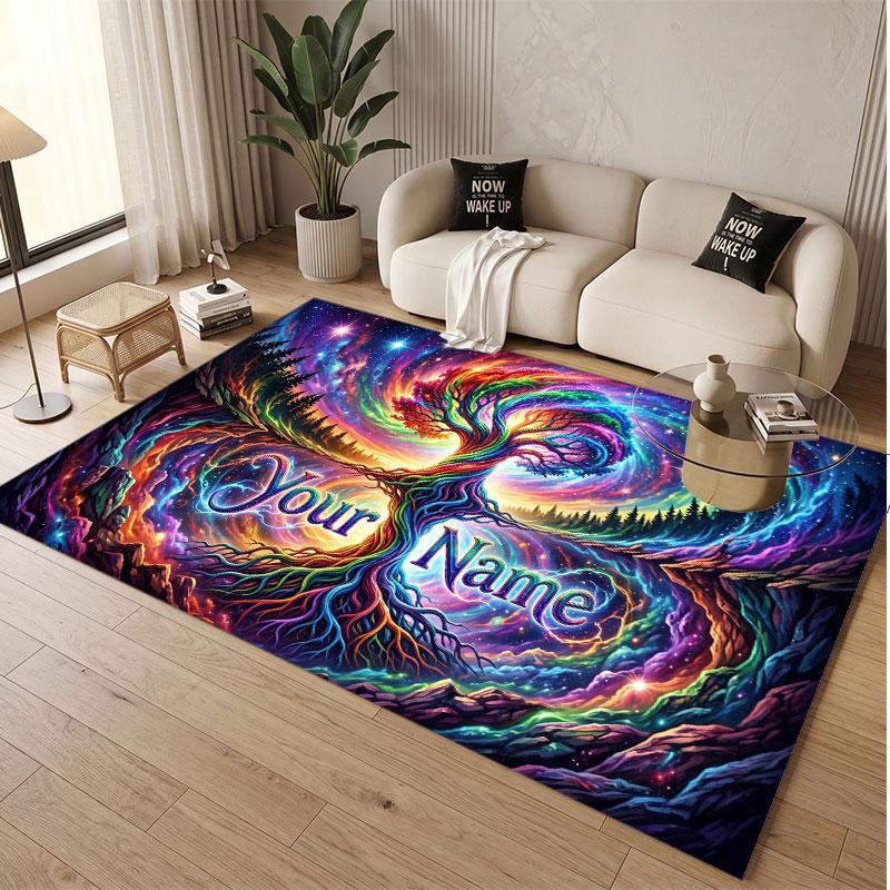 Tree of Life Theme Soft Crystal Velvet Rug Custom Name & Text Print Non Slip Floor Rug for Bedroom Living Room
