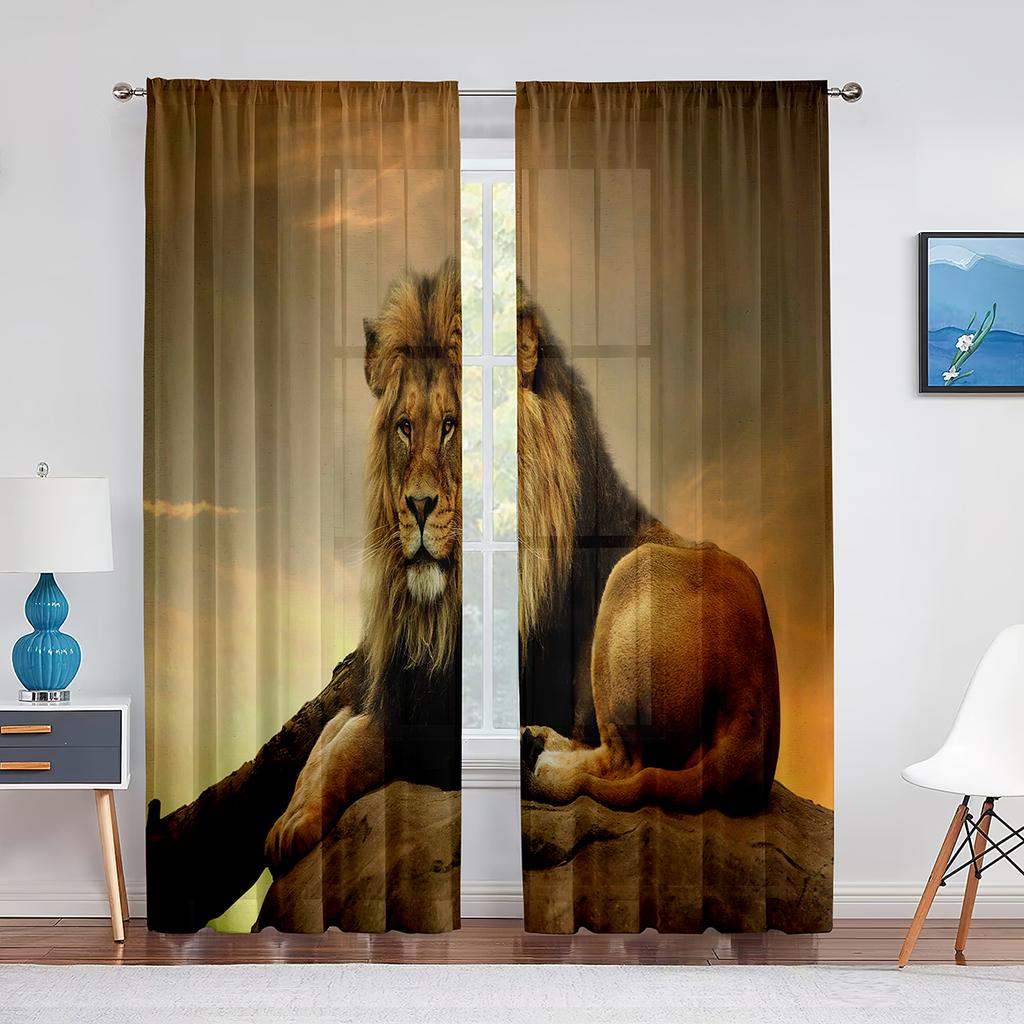 African Wild Animal Lion Couple Tulle Curtain for Home Living Room Window Decoration Bedroom Kitchen Modern Sheer Voile Curtains