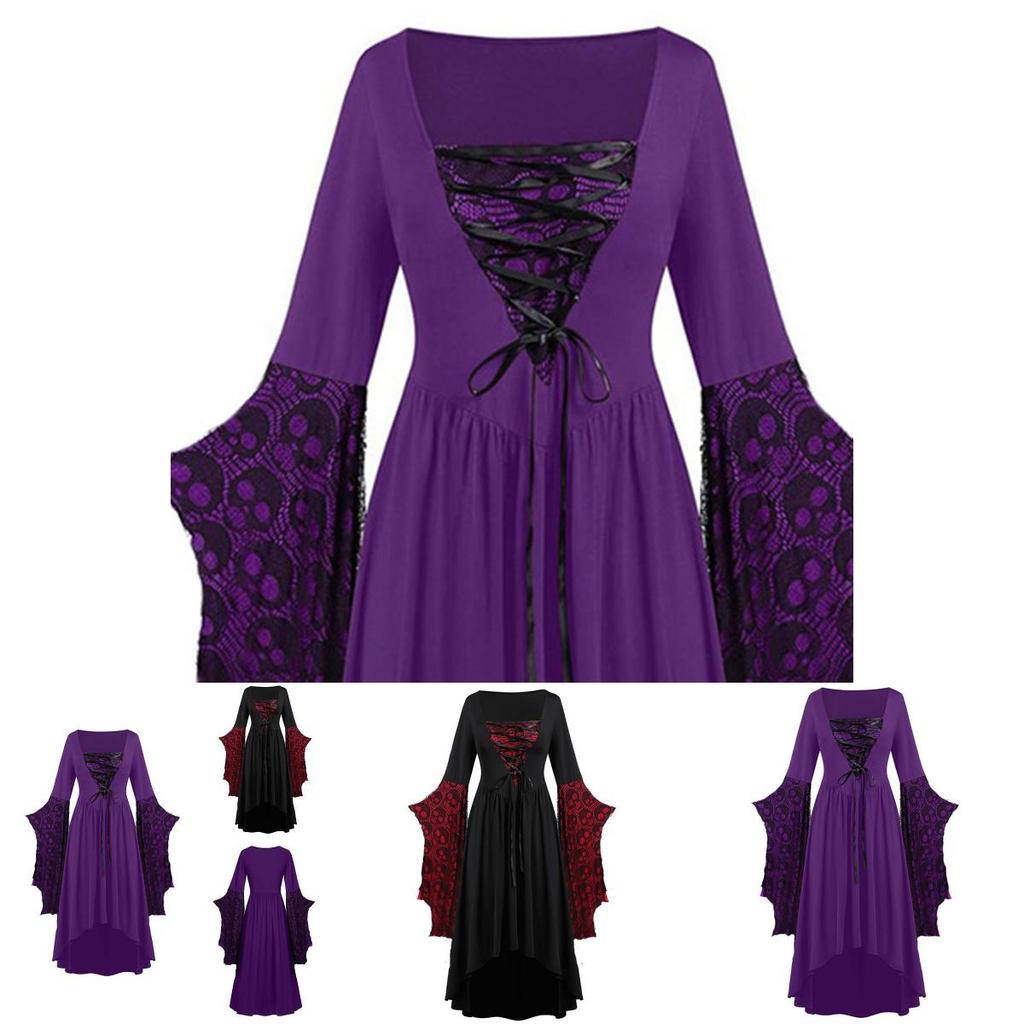 Costume da Strega Gotica Vintage Cosplay Abito Elegante Retrò Manica Lunga Fantasia Teschio Ampia Gonna Svasata