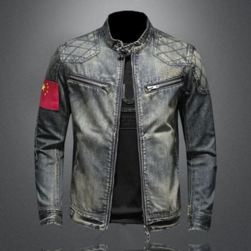 Men's Personalized Patch Denim Jacket Coat Casual Standing Collar Grid Large Size Denim Coat