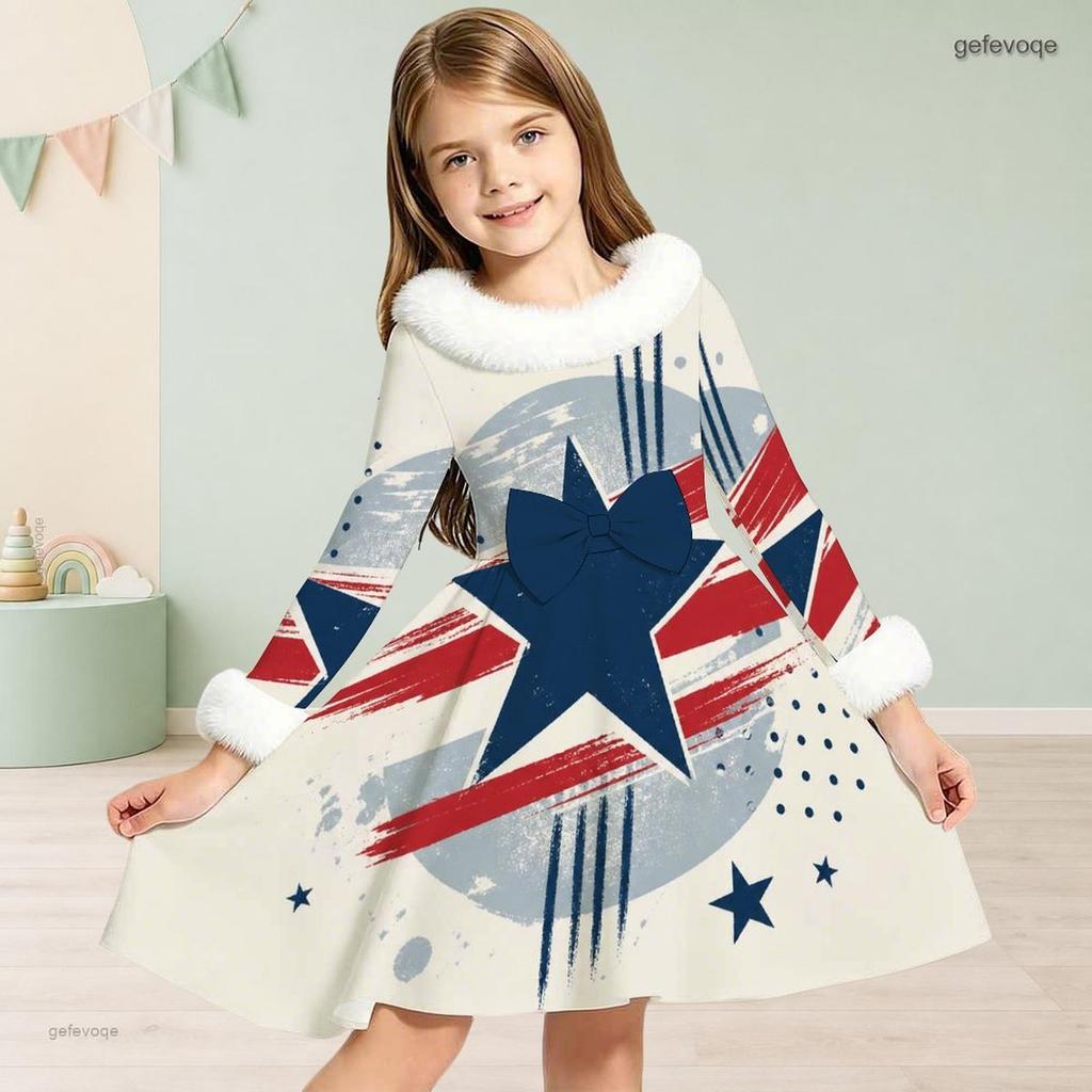 Girls Long Sleeve Star Stripe Printed Dress Fuzzy Collar Cuffs Bow Decor A Line Flared Hem