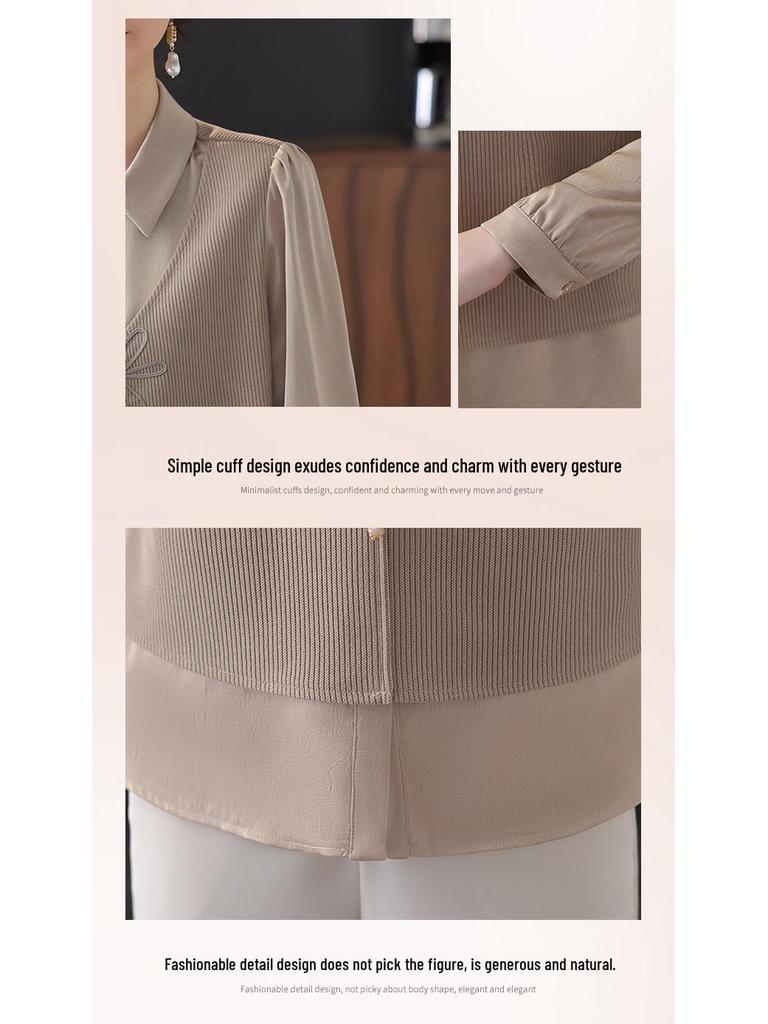 Women's Fashion Splicing Long Sleeve Two-Piece Shirt - Spring 2025 Collection for Middle-Aged Mothers