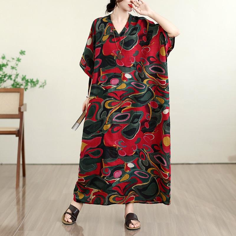 Kurzarm Plus Size Baumwolle Vintage Blumenmuster Neu in Kleidern für Damen lässig locker Maxi langes Sommerkleid