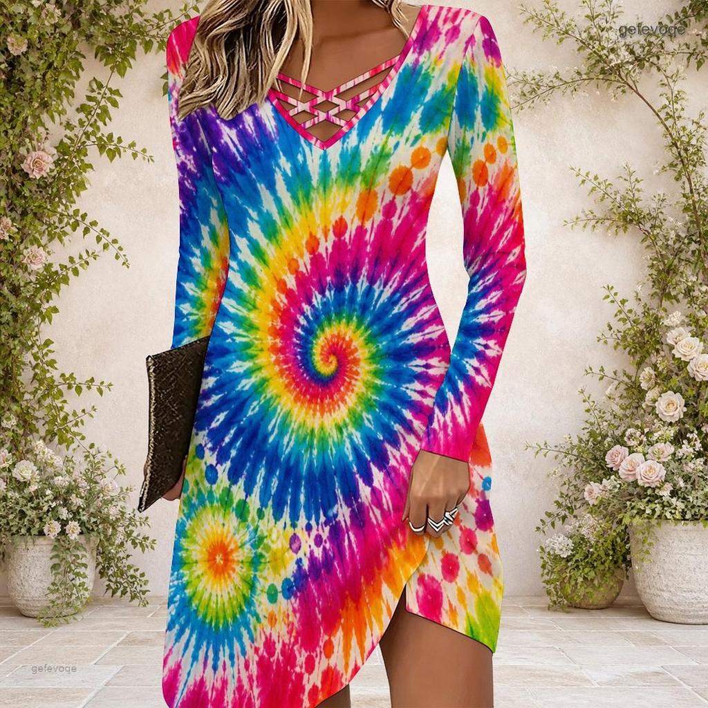 Women Criss Cross V Neck Long Sleeve Multicolor Printed Fitted Curved Hem Dress