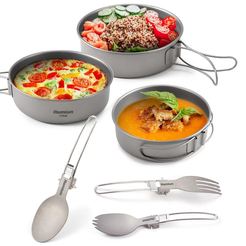 Camping Bowl and Utensil Set 3 Bowls Spoon Fork Combo Titanium Bowl with Folding Handle Ultralight