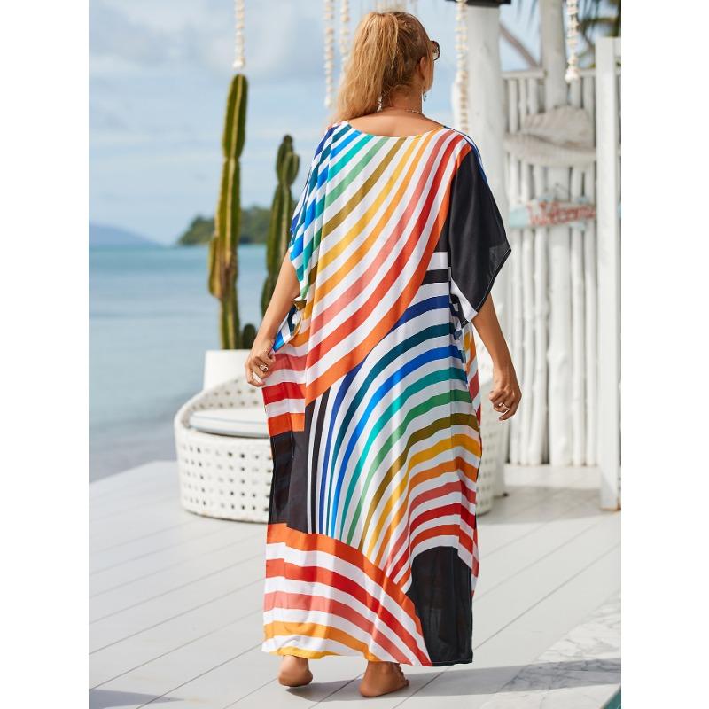 Moda Donna Estate Primavera Stampa a Blocchi di Colore Maniche 1/2 Scollo a V Linea Vita Lassa Abiti Casual