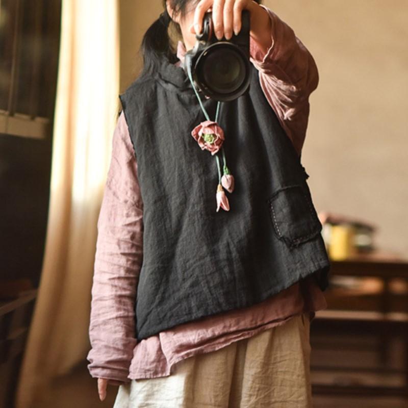 Johnature Gilets en lin de couleur unie pour femmes, manteaux Vintage, Patchwork, Plus coton, gilets chauds de Style chinois, automne