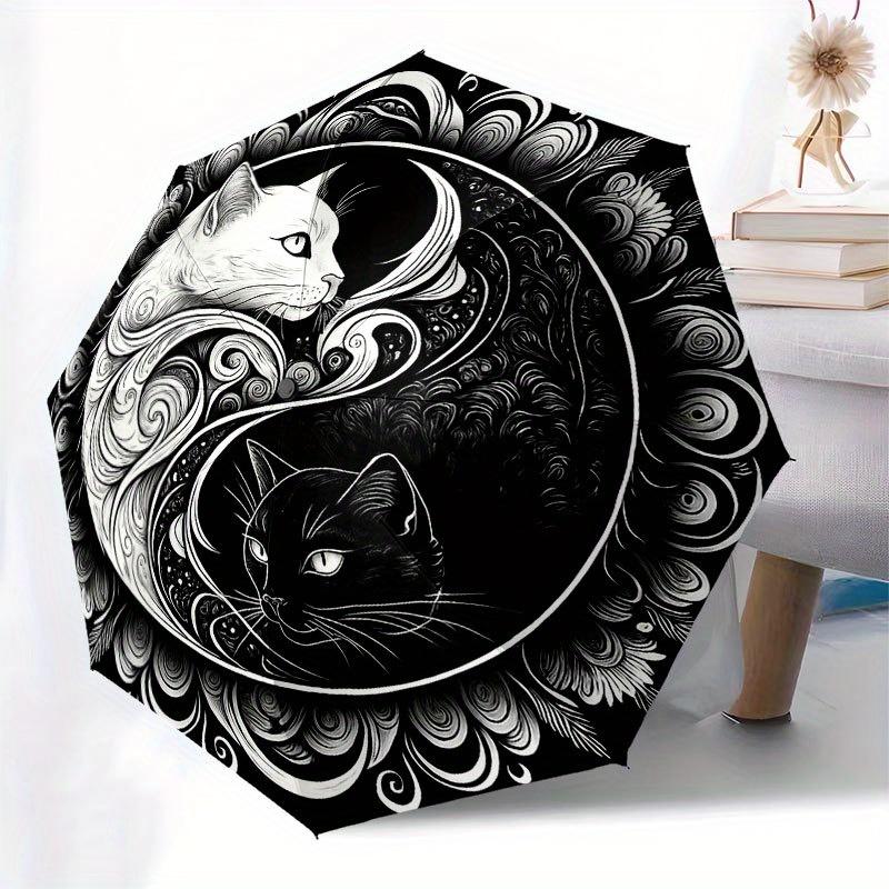 Yin Yang Katzen: Ein einzigartiges Schwarz-Weiß-Kunstwerk für Ihre Wohnkultur Regenschirm, Niedlicher Regenschirm mit süßem Design, Tragbarer 3-fach kompakter Regenschirm für Männer
