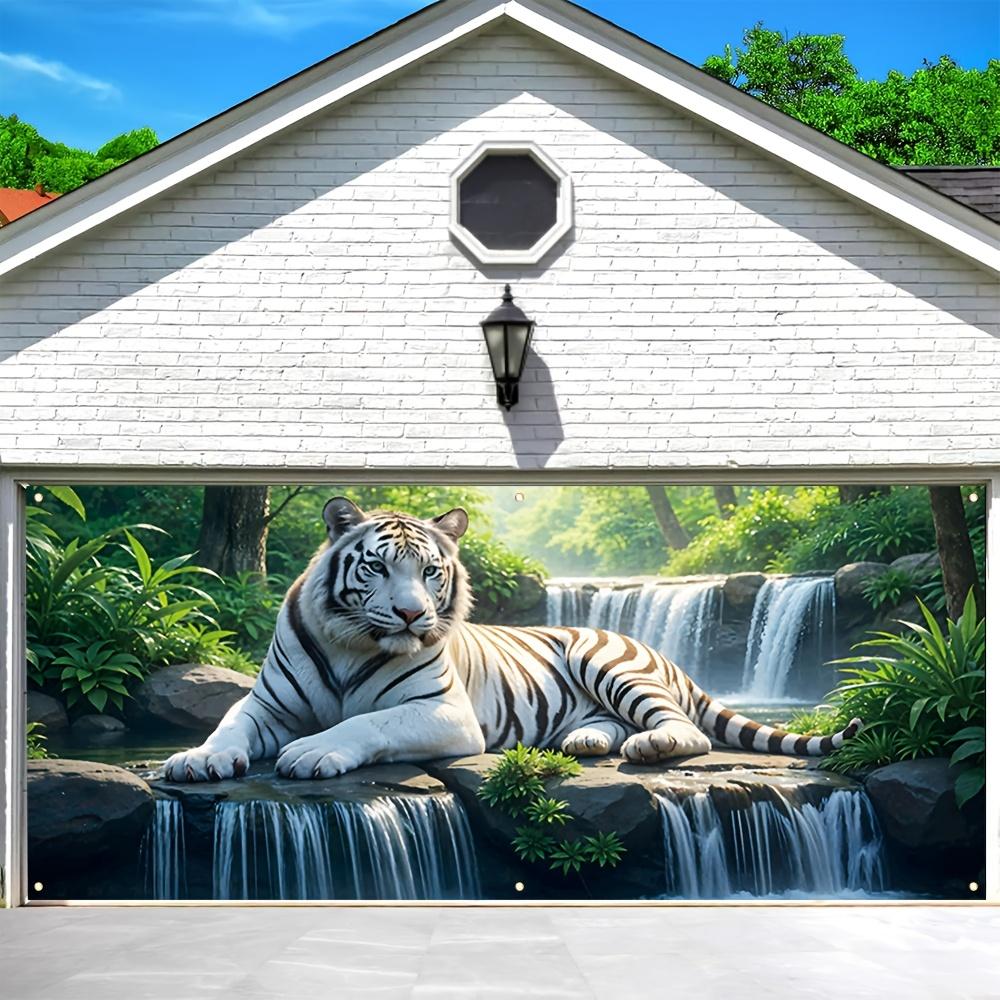 Large garage door banner in spring, white tigers leisurely lying on the rocks at the edge of the waterfall 150X100