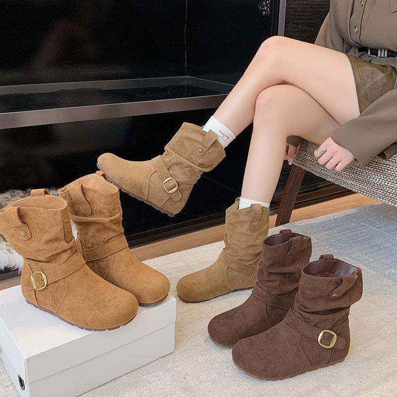 Western Cowboy Boots Martin Boots Women's Shoes Retro Suede Buckle 2025 New Autumn Design Pleated Small Short Boots