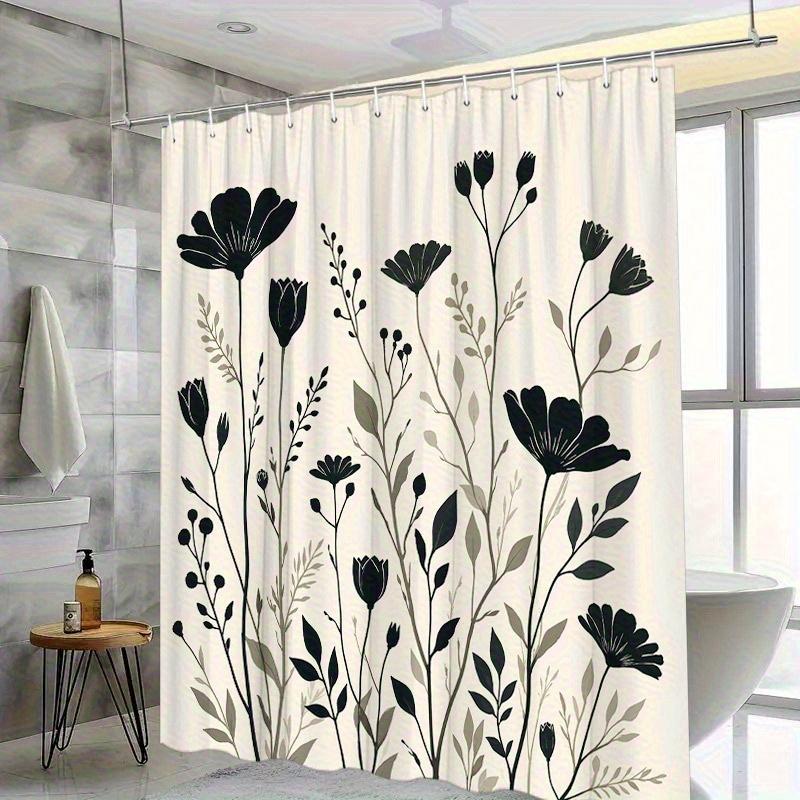 Elegant Black Floral & Leaf Shower Curtain , Polyester with Liner, Machine Washable Bathroom Decor