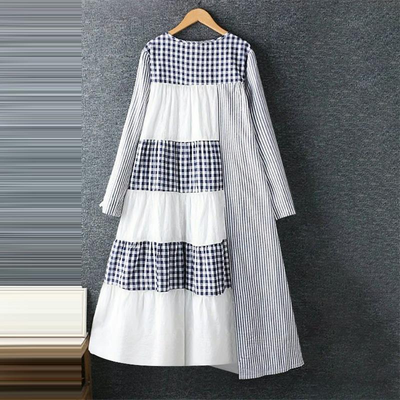 ZANZEA Women Casual Round Neck Long Sleeve Patchwork Plaid A-Line Dress