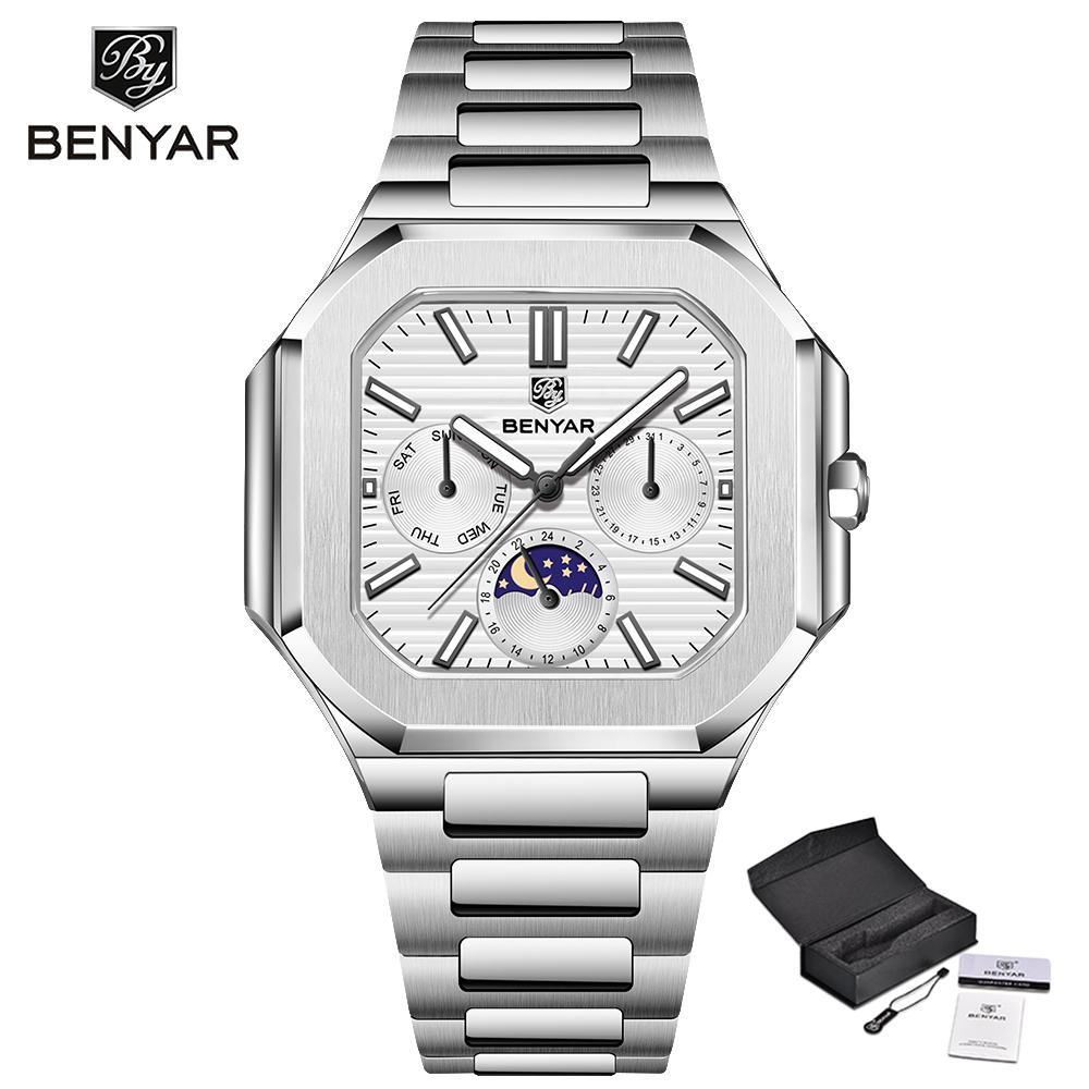 BENYAR 5221 New Square Moon Phase Watch: Classic Luxury Men's Quartz Watch with Sapphire Crystal and Stainless Steel Strap