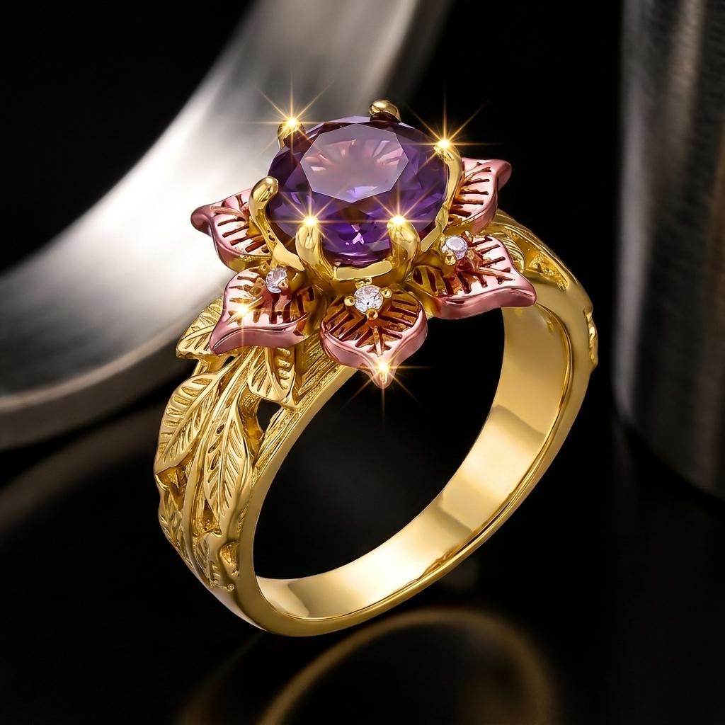 Vintage Purple Flower Ring for Women Inlaid Sparkling Cubic Zirconia Finger Ring Wedding Engagement Anniversary Jewelry Gift