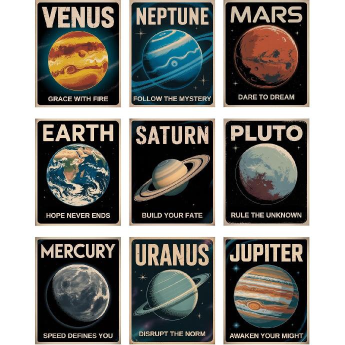 Space Poster Set of 9 – 8x10 Inch Unframed Planet Wall Art – Vintage Solar System Prints for Kids, Teens, Home or Classroom Decor – pirational