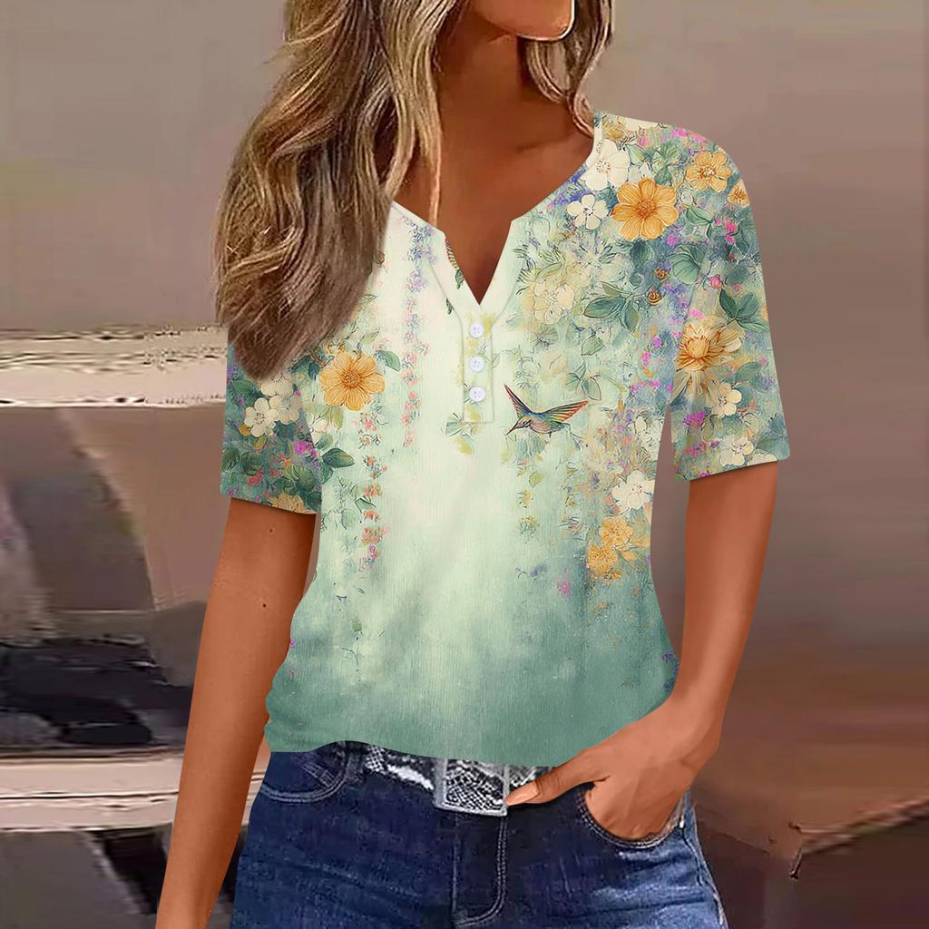 Women Fashion Casual Floral Print V Neck Short Sleeve T Shirt Top with Decorative Buttons Relaxed Fit Blouse for Daily Wear
