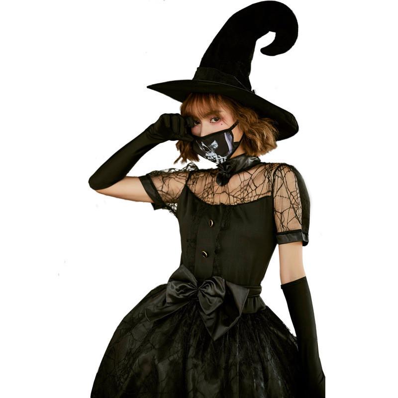 Black Lace Mesh Witch Tailcoat Dress Costume For Halloween Party Events Cosplay