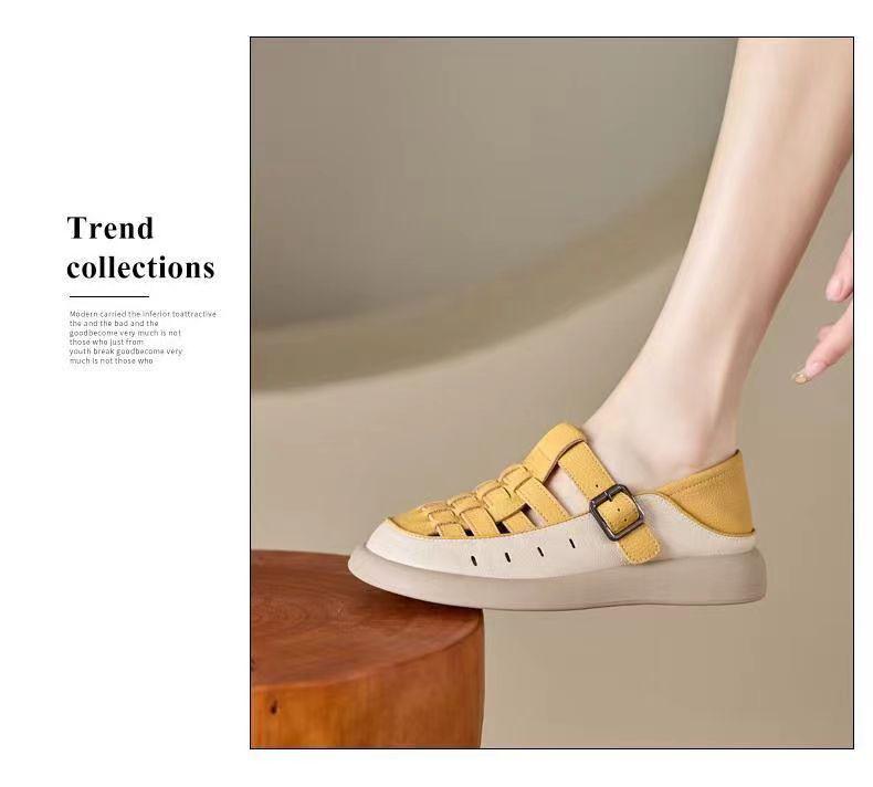 Sandalias Retro de Cuero Suave Transpirable de Punta Cerrada para Mujer Verano 2025