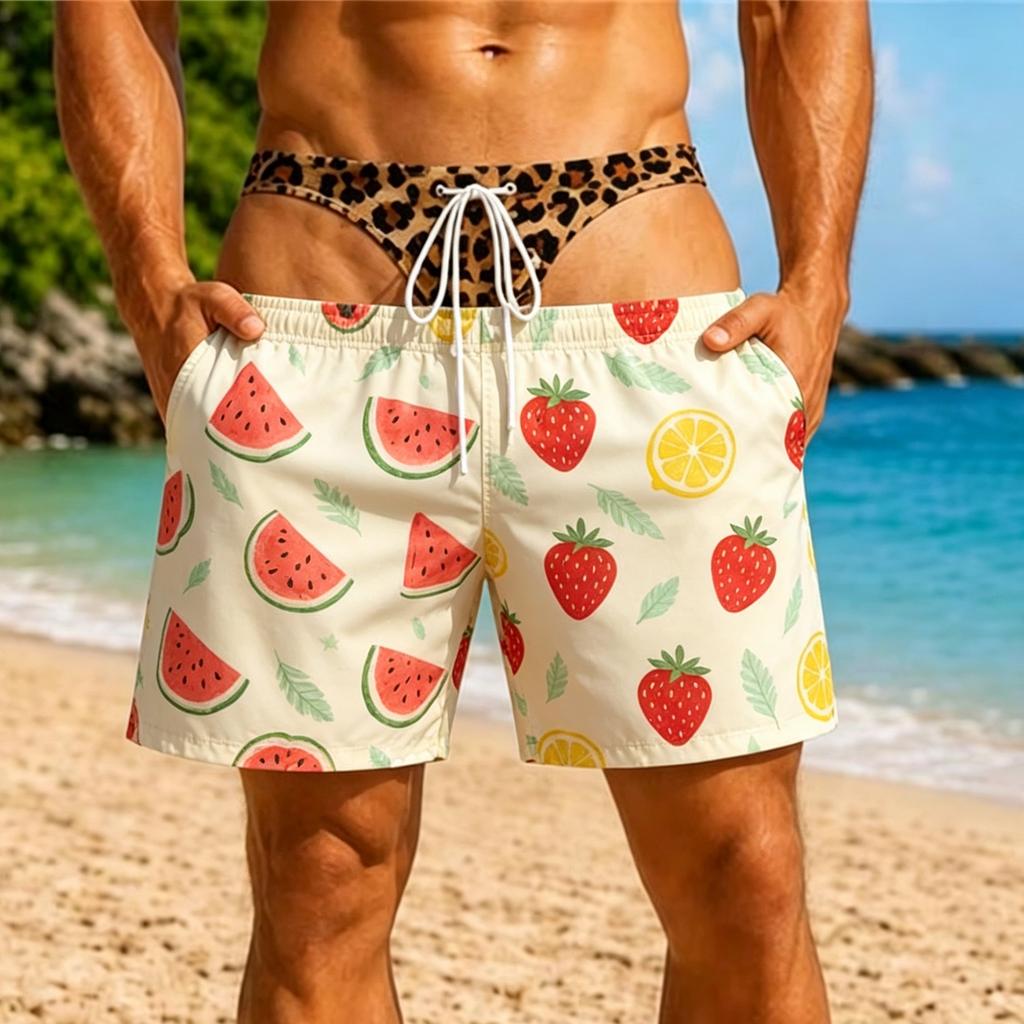 Tropical Plant Flowers Print Fake Buttocks Pattern Funny Men Swim Trunks Perfect Quirky Party Gifts Summer Fashion Beach Shorts