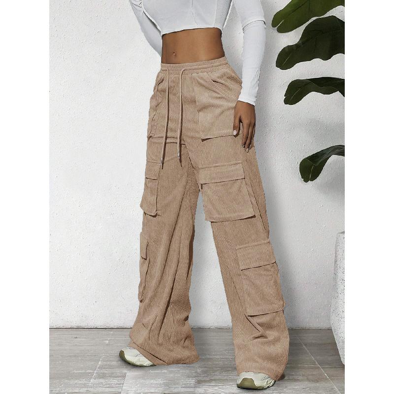 Women's Cargo Pants Spring/Summer New Wide-Leg Pants Casual Simple Tie-Waist Multi-Pocket Long Pants