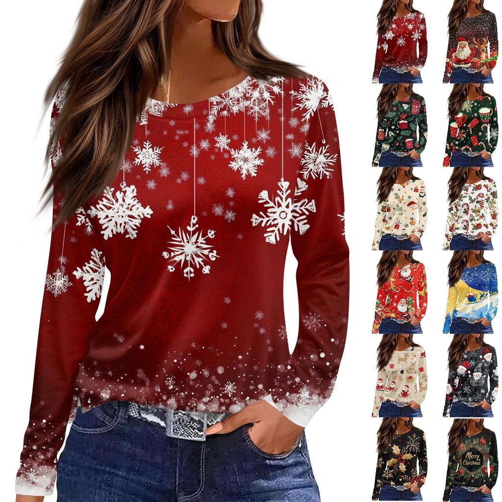 Women's Fashion Hem Slit Casual Christmas Printed Round Neck Long Sleeve Top