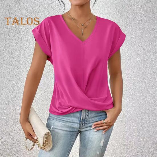 Dámské topy s výstřihem do V, s krátkým rukávem, s mačkaným designem, tričko jednobarevné, volného střihu, s křížovým plisováním, pro každodenní nošení