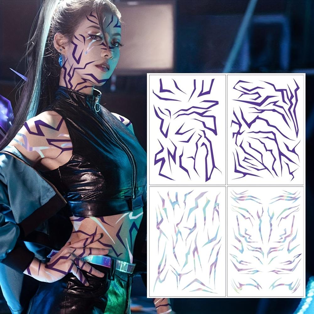4pcs Large Kpop Purple Makeup Tattoo Stickers - Demon Body Art with Laser Lightning Effects,Temporary Tattoos for Parties