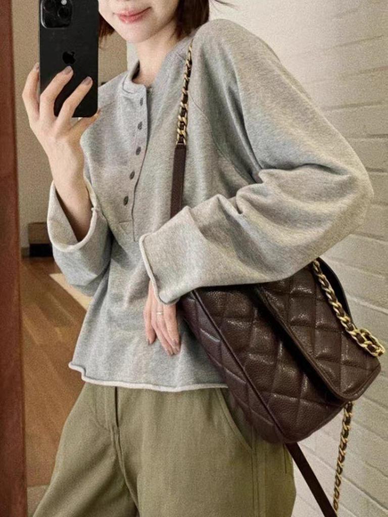 2025 Autumn Korean Lazy Style Grey Long Sleeve Half-Button Women's T-shirt