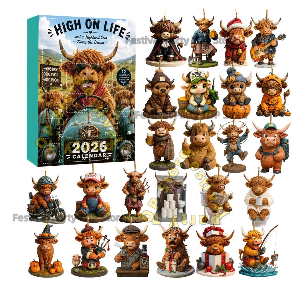 2026 New Highland Cow Figures Advent Calendar , 24PCS Decorative Hanging Ornament Countdown Calendar Christmas Gift Supplies