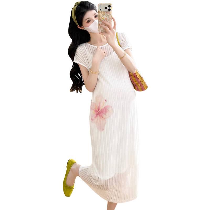 Summer 2026 Korean Style Maternity Dress Set: Elegant White French Spaghetti Strap Two-Piece