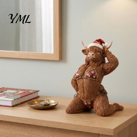Festive Interior Decor Funny Christmas Highland Cow Figurine, Sexy Statue with Santa Hat Creative Resin Crafts & Xmas Bikini, Desktop Tabletop