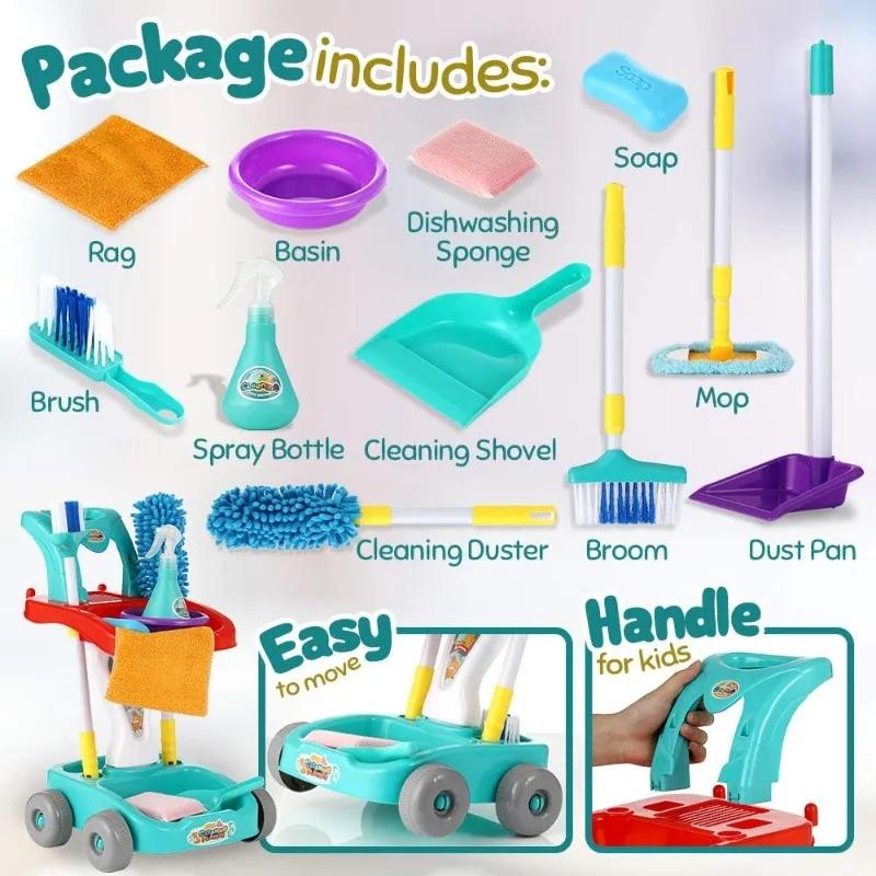 Kids Cleaning Set Toddler Cleaning Toy Set Pretend Play Housekeeping Educational Toy with Cleaning Cart Broom Dust Pan Mop