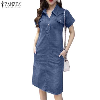 Abito casual da donna a maniche corte in denim blu con colletto rovesciato