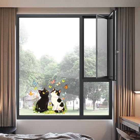 Adesivo per Finestra Design Gatto Bianco Nero Fiore, Aderenza Elettrostatica Decalcomania in Vetro Impermeabile per Soggiorno Camera da Letto Ingresso Decorazione Casa