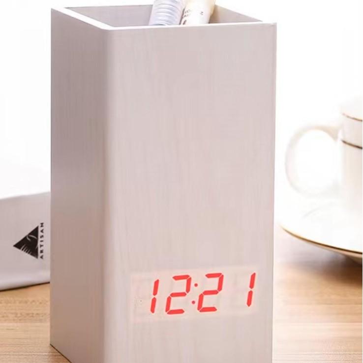 Smart voice-activated silent led wooden clock, wooden clock pen holder, alarm clock, handicraft gift USB charging