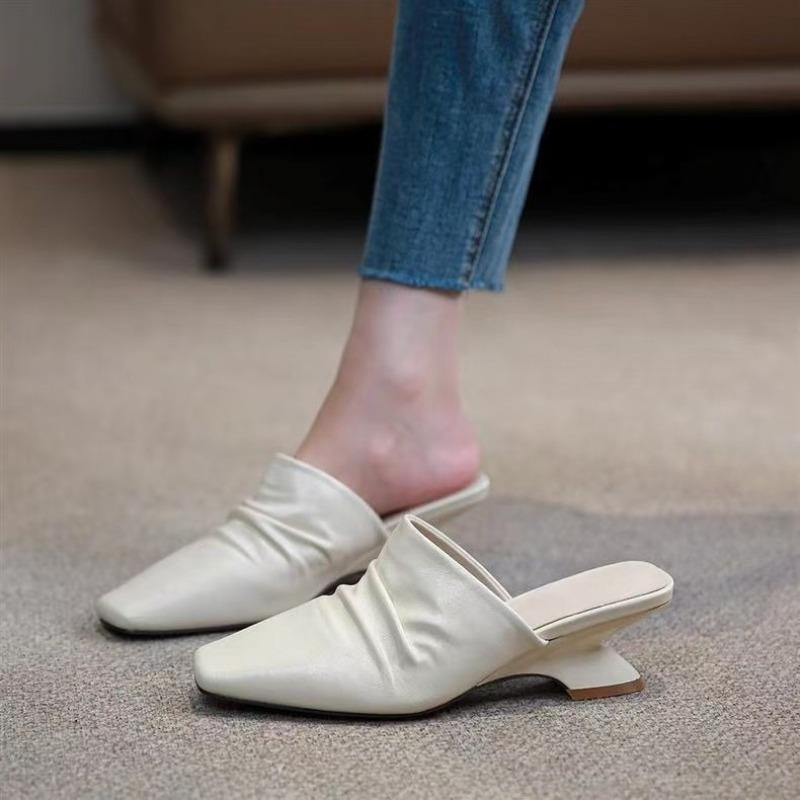 Fashion Baotou Semi-slippers Women's Summer Wear New Lazy Square-toed Pleated Soft Leather Rear Air-cooled Slippers