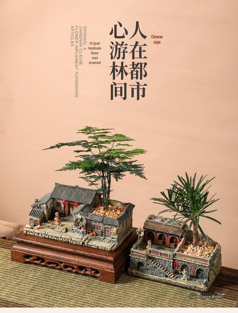 Retro Farmhouse Courtyard Miniature: Nostalgic Desktop Bonsai Decor for Living Room