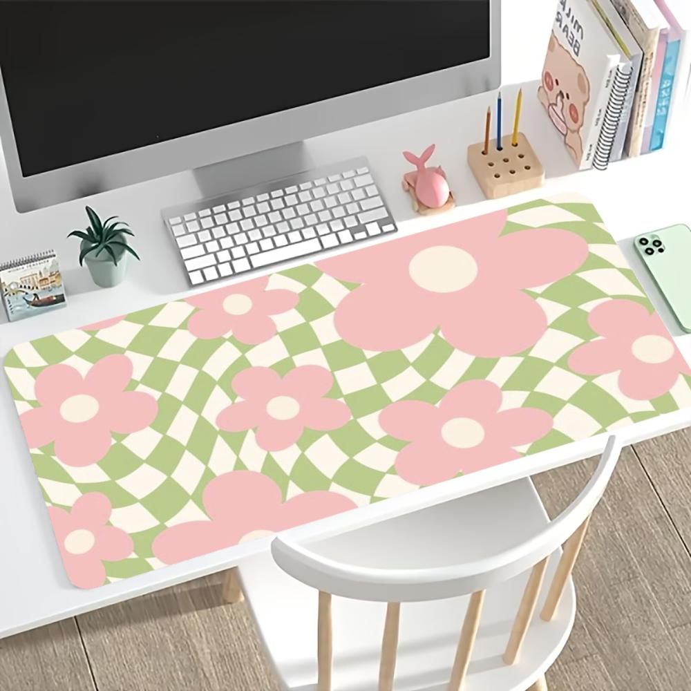 Pastel Checkerboard Flower Gaming Mouse Pad Non Slip Rubber Stitched Edge Keyboard Mat For Laptop Office Desktop Decor