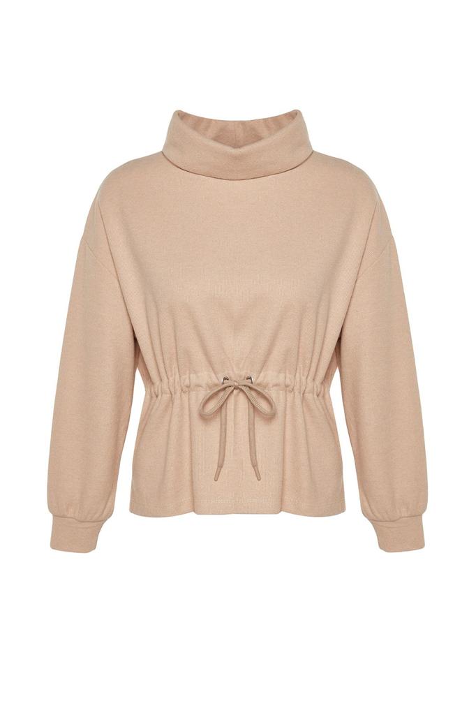 Women's Fashionable Stylish Sweatshirt Navy Blue Thessaloniki Knitwear Look High Collar Gathered Regular Fit Knitted Sweatshirt