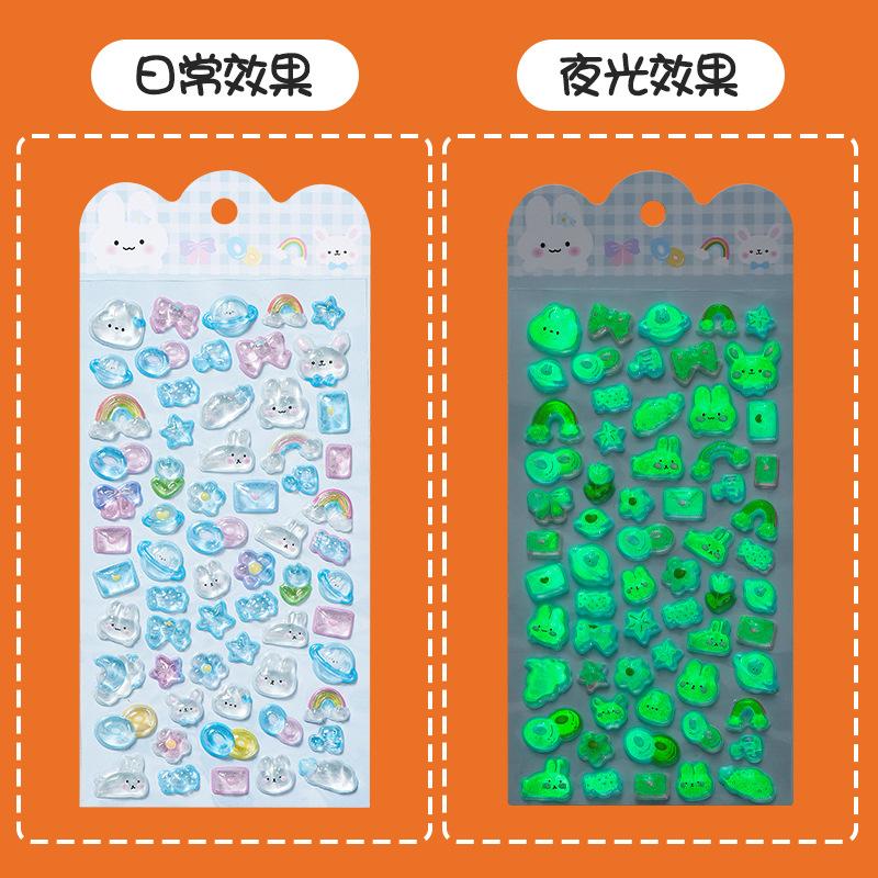 Glow In Dark 3D Embossed Sticker Cartoon Kids Decal for Phone Case Decor Crystal Diamond Japanese Style Assorted Color