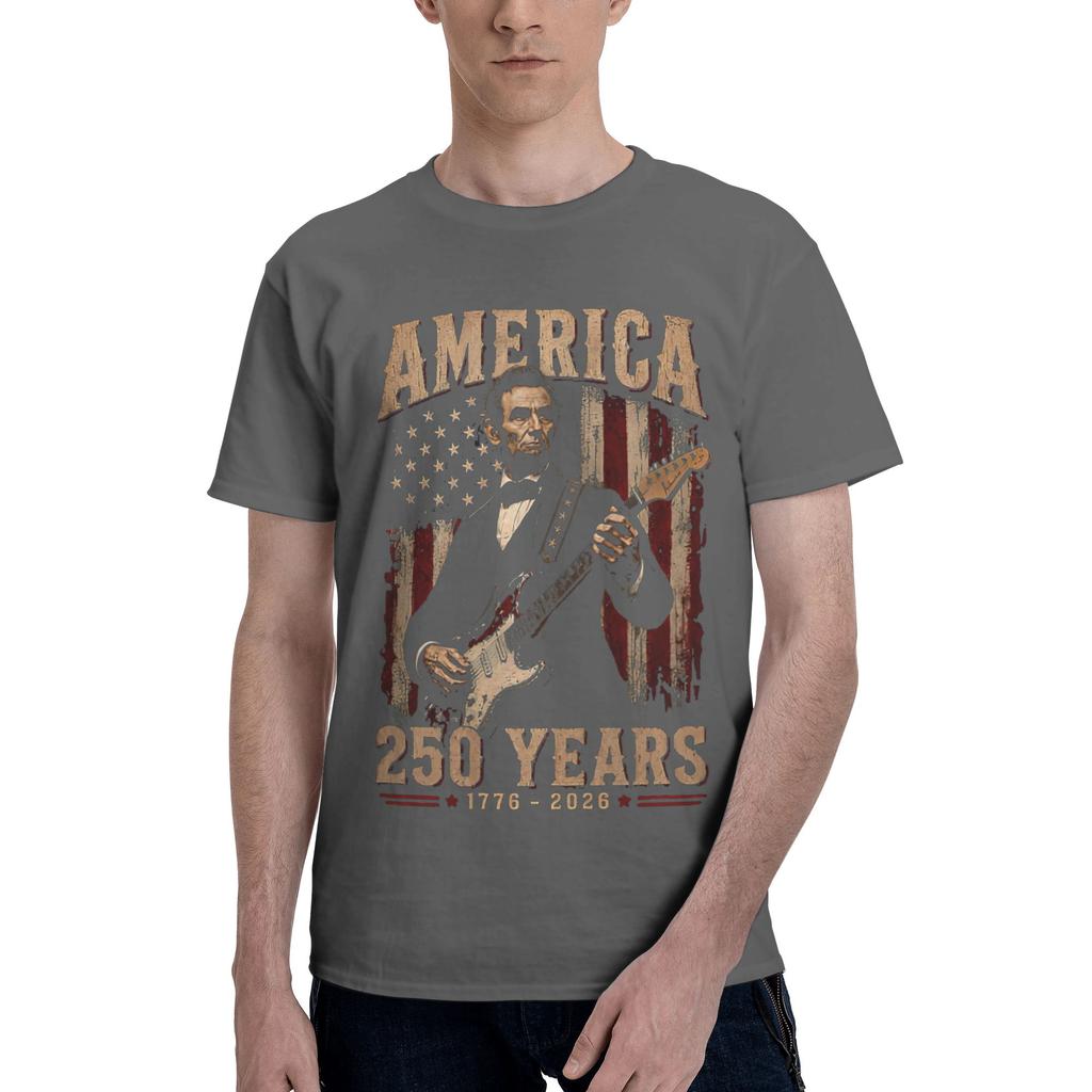 Abraham Lincolns Playing Guitar T Shirts Unisex Short Sleeve 4th July 250th Anniversary Tshirts Streetwear Tee Tops Pure Cotton